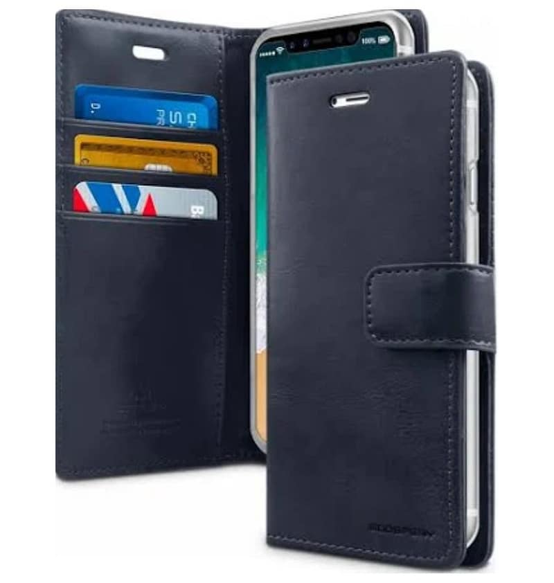 Navy Mercury Bluemoon diary flip wallet cover for iPhone 16 Pro, elegant protection with storage.