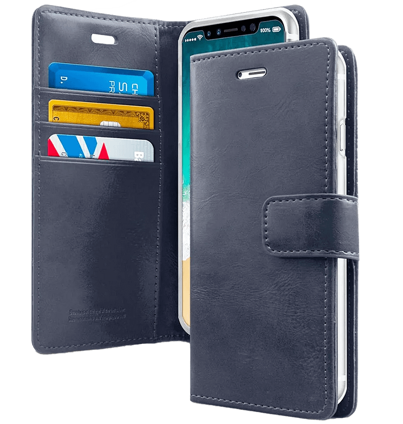 Navy Mercury Bluemoon Diary flip wallet cover for iPhone 13 Pro Max, sleek and protective.