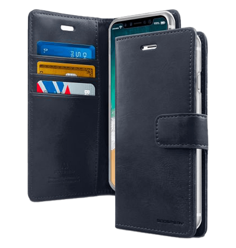 Navy Mercury Bluemoon diary flip wallet case for iPhone 16 Pro Max, chic and functional.