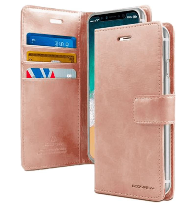 Rose gold Mercury Bluemoon diary flip wallet case for iPhone 16 Pro Max, elegant and protective.