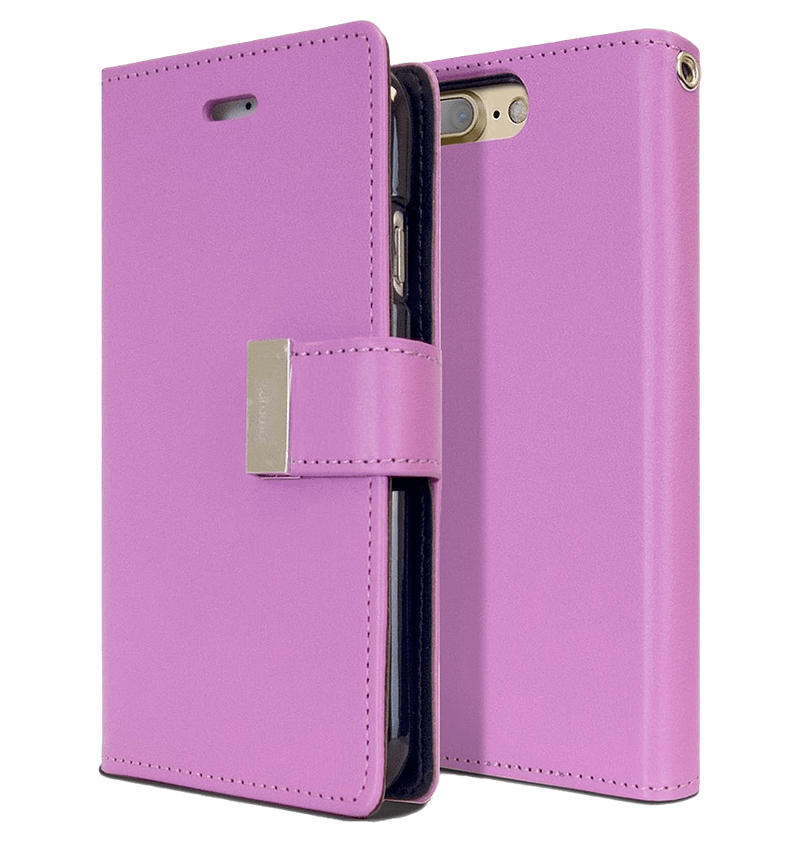 Purple Mercury Rich Diary flip wallet case for iPhone 16 Pro Max, stylish with card slots.
