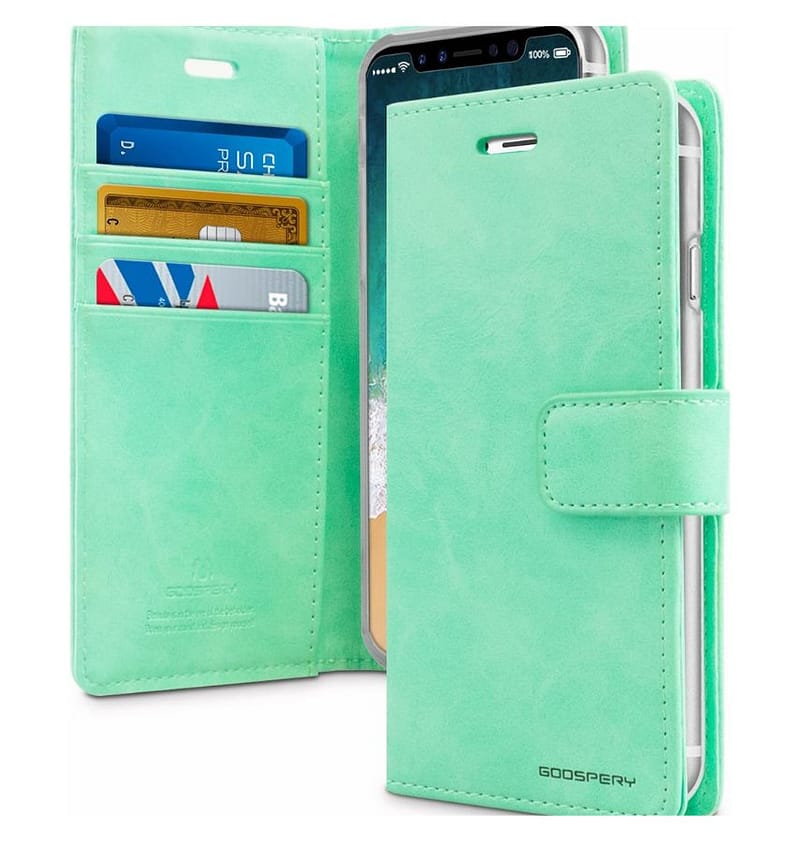 Mint Mercury Bluemoon diary flip wallet cover for iPhone 16 Pro, trendy and practical.