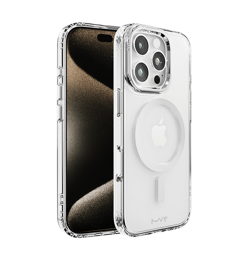 Silver MVR Impact IMD back cover for iPhone 16 Pro Max, stylish and impact-resistant.