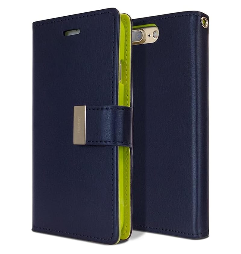 iPhone 14 Pro Rich Diary Case – Navy/Lime | Mercury – Card Slots, Magnetic Closure & Stylish PU Leather