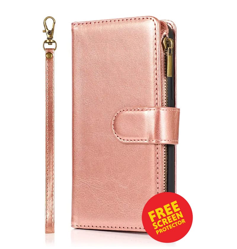 iPhone 17 Pro Zipper Wallet Case – Rose Gold | Multi-Slot Leather Wallet, Zipper Closure, MagSafe Compatible