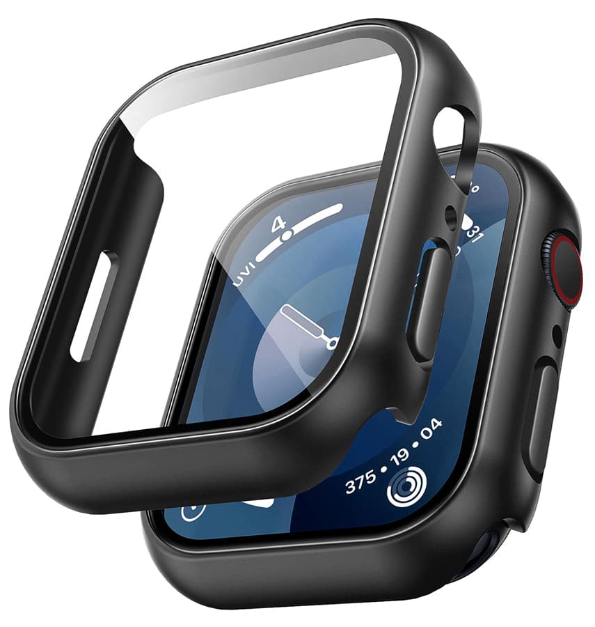 Apple Watch 45mm 360° glass matte wallet case, black, secure and elegant design