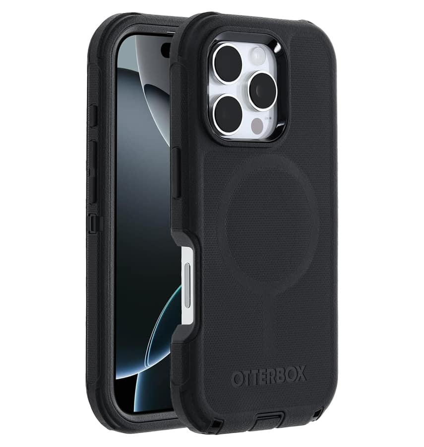 Black Otterbox Defender MagSafe back cover for iPhone 16 Pro, shockproof protection.