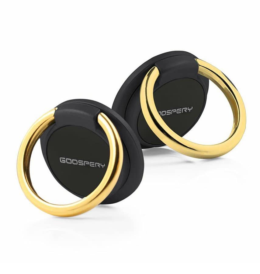 Black and gold Mercury pop socket ring, elegant phone grip with added flair.