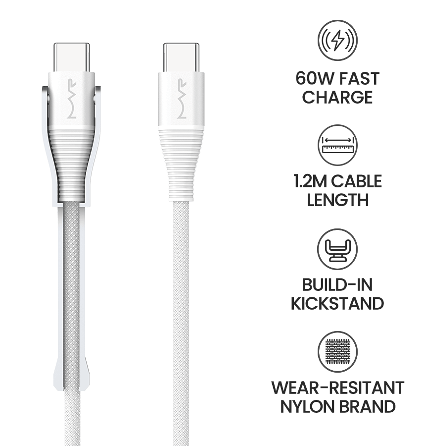 MVR 60W Nylon Braided Charging Cable - White | USB C 1.2m Multi Fast Charging Cable With Kickstand - Image 8
