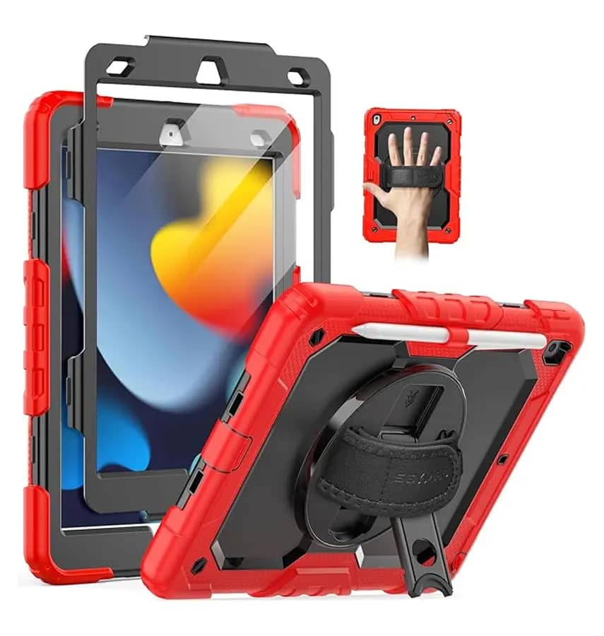 iPad 10.2 (9th 10th Gen) Survivor Case – Shockproof Cover with Hand Strap (Vibrant Red)
