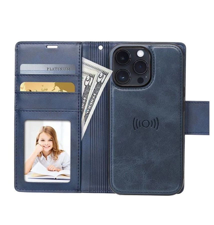 Navy Magnetic Detachable Leather Flip Wallet Case for iPhone 16 Pro