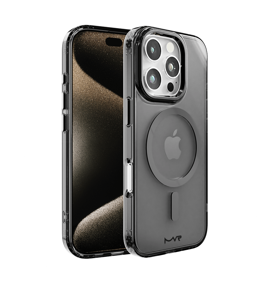 Black MVR Impact IMD back cover for iPhone 16 Pro, rugged protection with a sleek look.