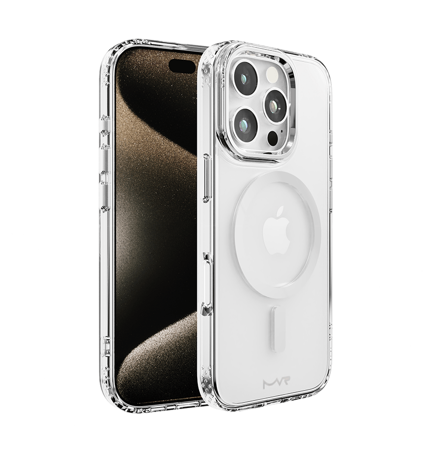 Silver MVR Impact IMD back cover for iPhone 16 Pro, stylish and shockproof protection.