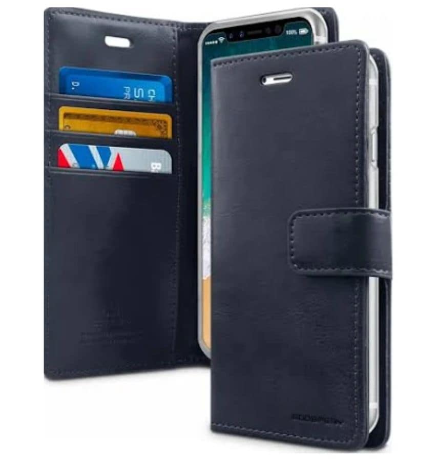 Navy Mercury Bluemoon diary flip wallet cover for iPhone 16 Pro, elegant protection with storage.
