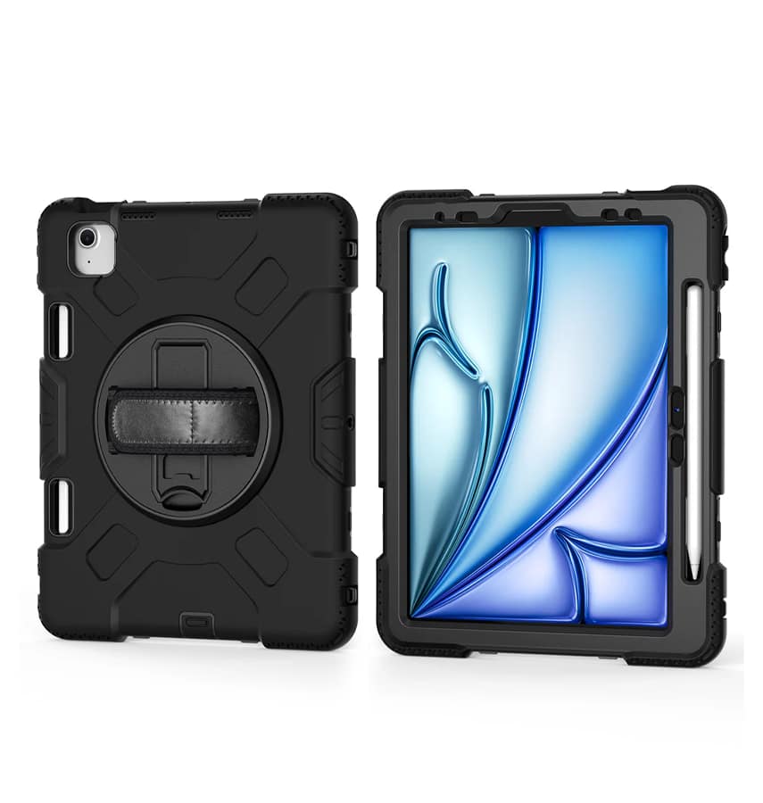 Black Survivor hand strap case for iPad Air 13 2024, reliable and ergonomic design