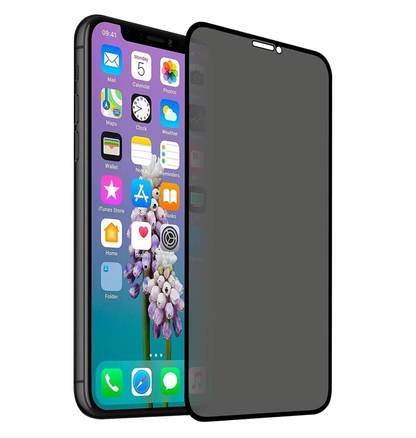Black privacy tempered glass for iPhone X/Xs/11 Pro, protects screen from prying eyes.