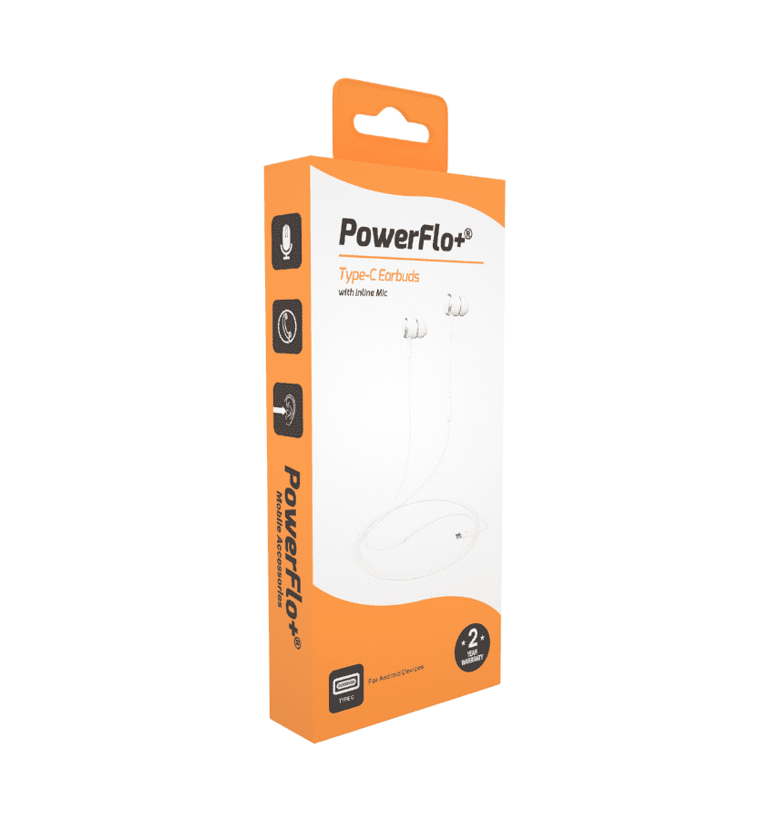 Black USB-C earphones for premium audio experience with Power Flo V2.
