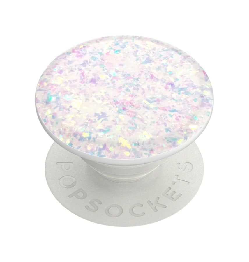 Iridescent confetti white PopSocket with premium PopGrip holder for secure phone grip.