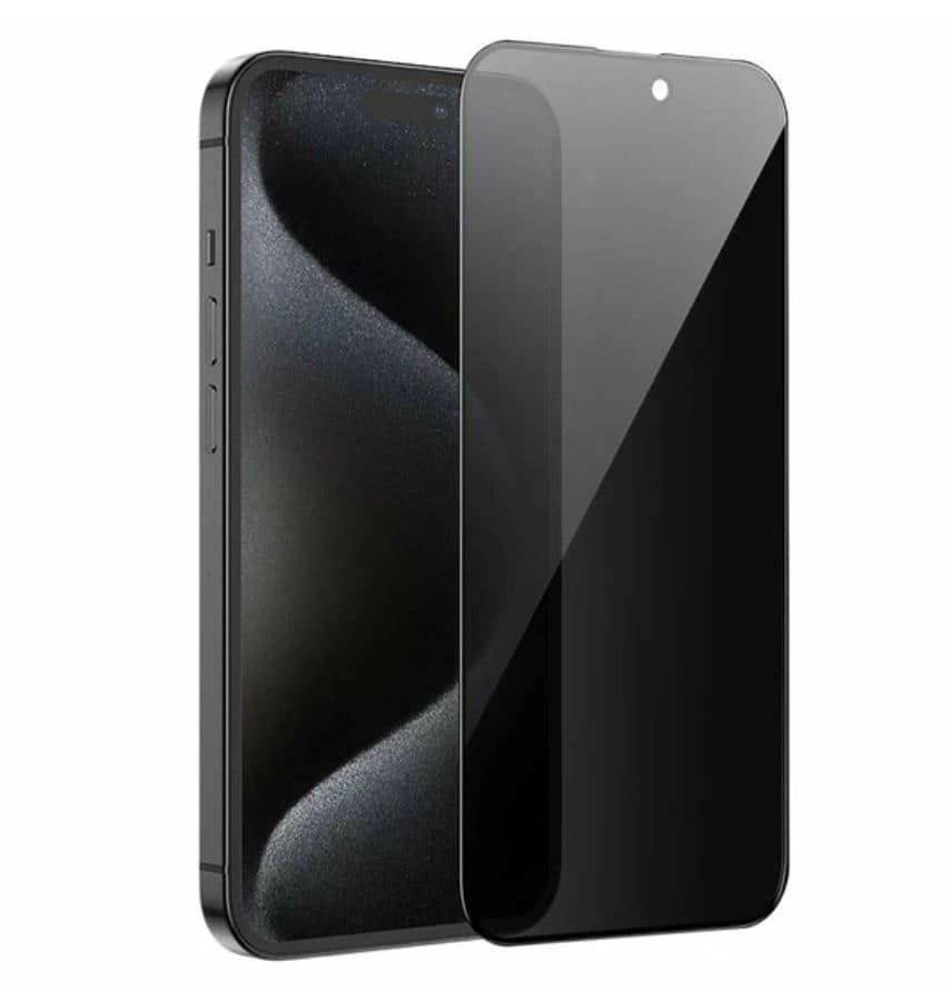 Black Privacy Tempered Glass for iPhone 15 Plus/16 Plus, secure and glare-free.
