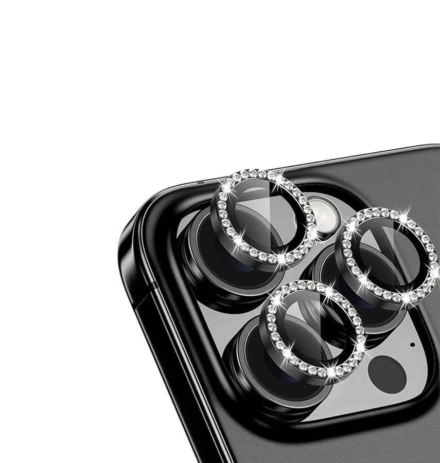 iPhone 17 Pro Max/17 Pro/16 Pro Max/16 Pro Glam Camera Lens
– Black | MVR Bezel Frame, Diamond-Cut, 9H Sapphire
