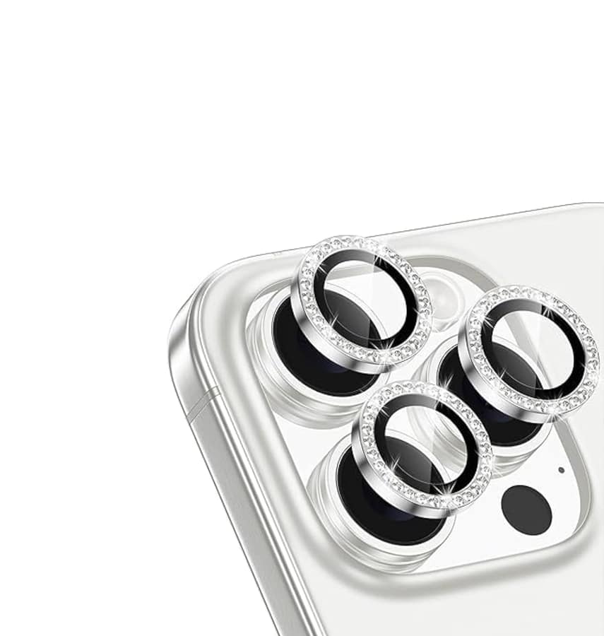 iPhone 17 Pro Max/17 Pro/16 Pro Max/16 Pro Glam Lens Protector – Silver | Stainless Steel Frame, Anti-Reflective, Military-Grade Protection