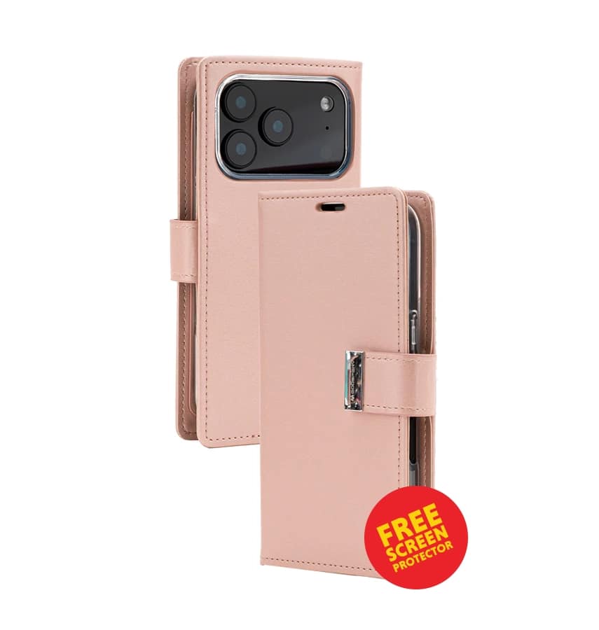 iPhone 17 Pro Magsafe Case – Rose Gold | Goospery Mercury Rich Diary Genuine Leather Flip Wallet Cover